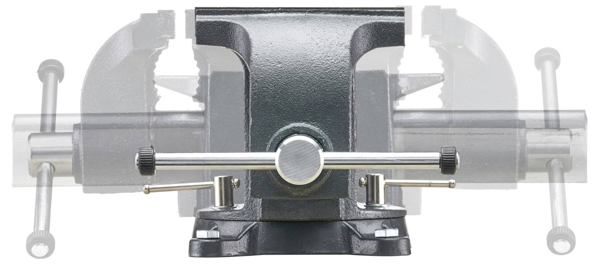 A vice in the middle, extended, shows the jaws. Lever arms are visible on the sides. Stabilises workpieces.
