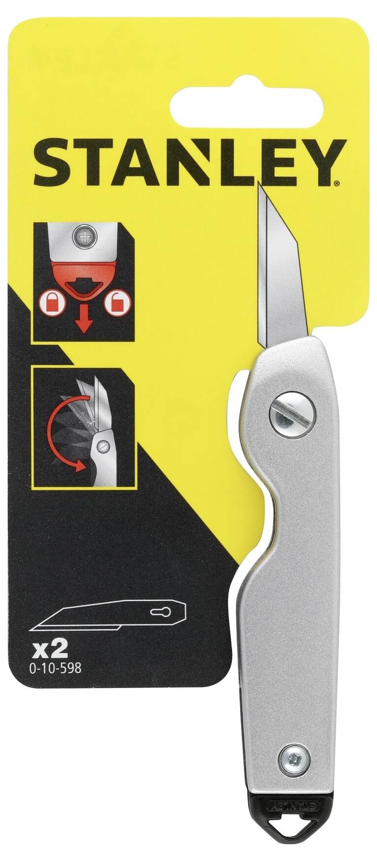 'Stanley' packaging with silver multi-purpose knife. Graphics demonstrate how the blade is changed and rotated 180 degrees.