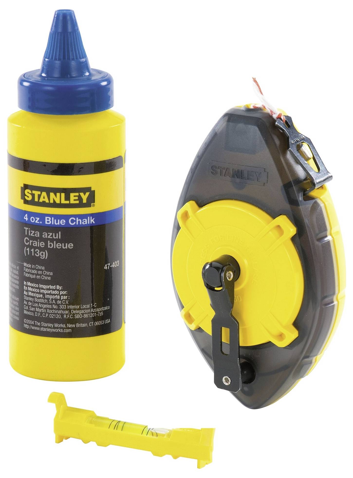 'STANLEY' chalk line reel and blue chalk bottle, for marking straight lines on construction sites or during DIY projects.