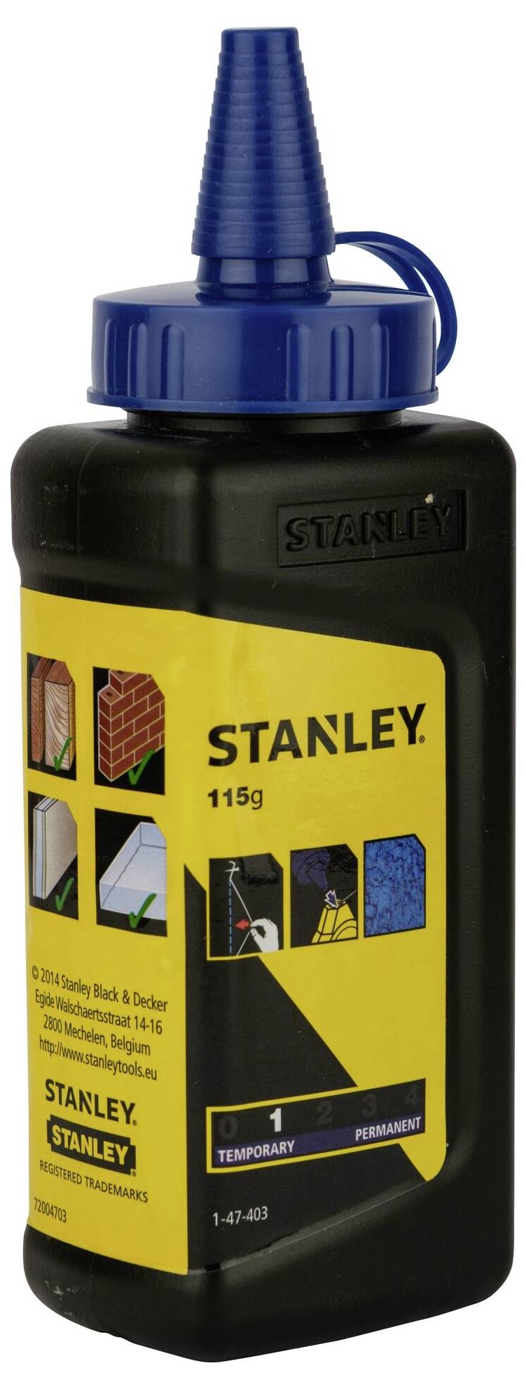 Bottle with a black cap, yellow label, featuring 'STANLEY' and illustrations for usage instructions. Contains chalk powder.