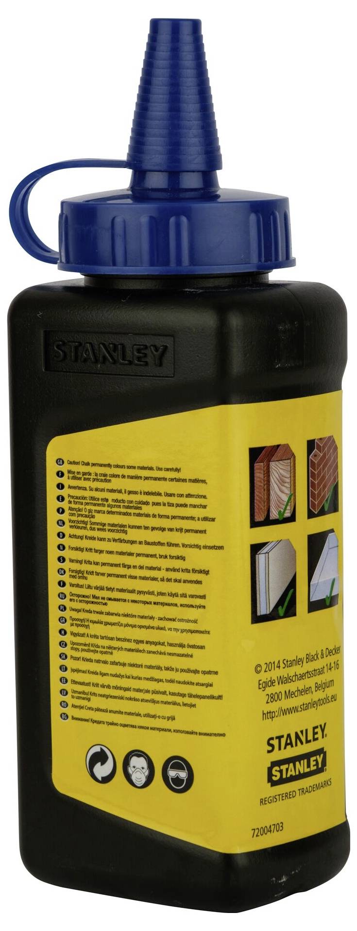Black bottle with a yellow label and blue cap, contains wood glue. 'Stanley' label, instructions and application symbols visible.