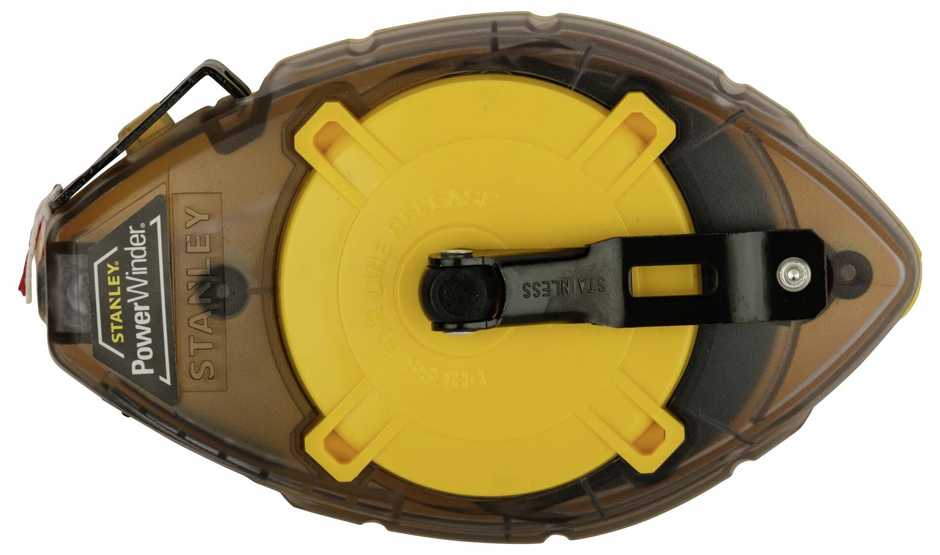 A yellow chalk line tool by Stanley, suitable for marking straight lines on construction and DIY projects.