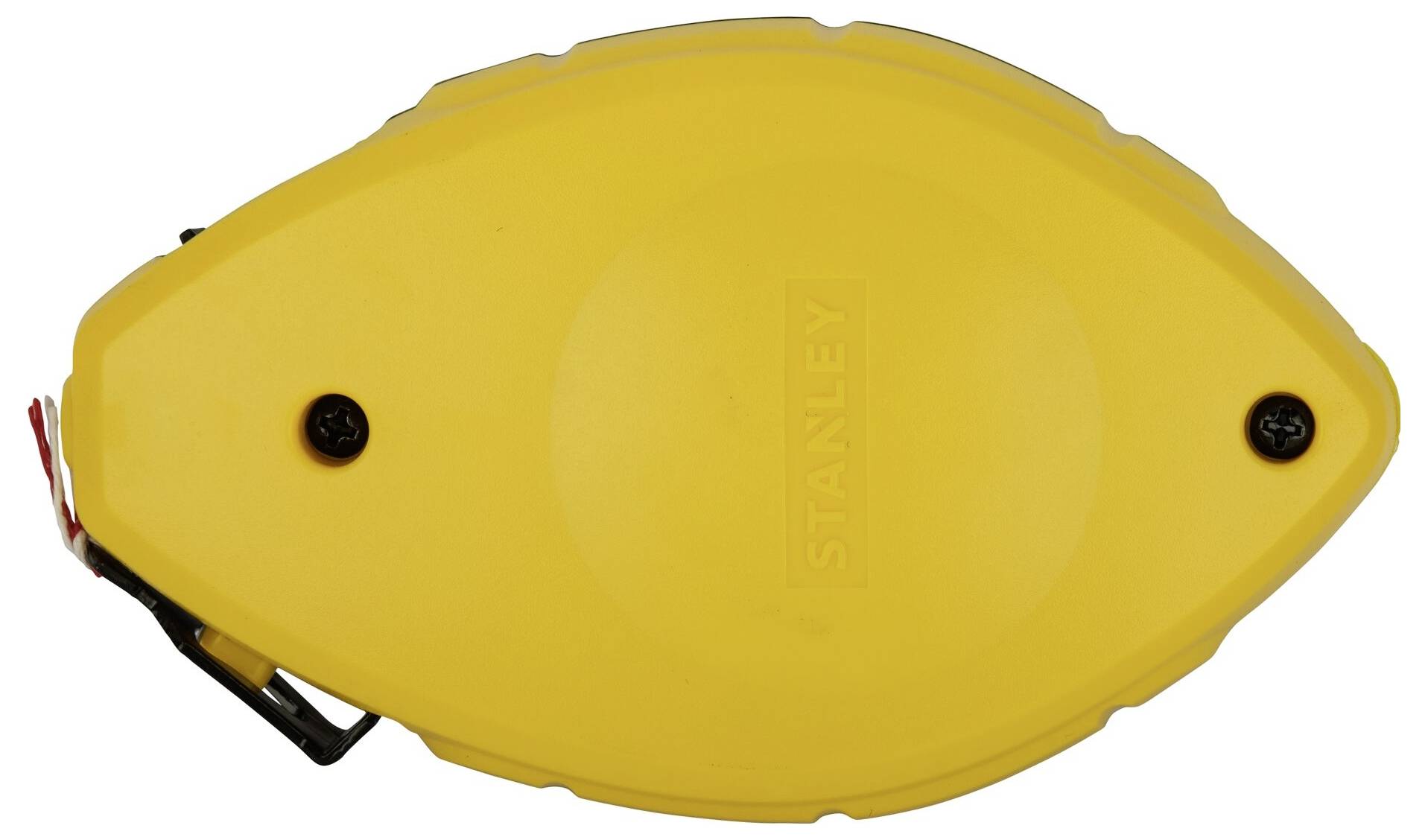 A yellow, teardrop-shaped tool casing with 'Stanley' printed on it, two screws at the ends and a black hook on the side.