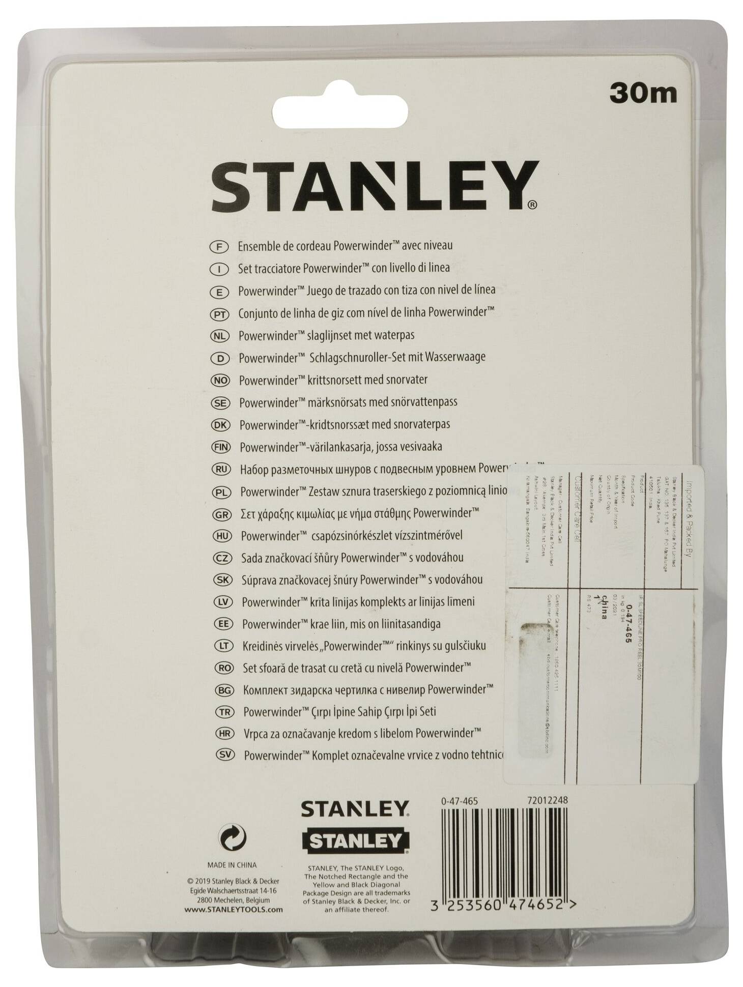 'Stanley Powerwinder' packaging; 30m measuring tape; product description in multiple languages on the reverse side.