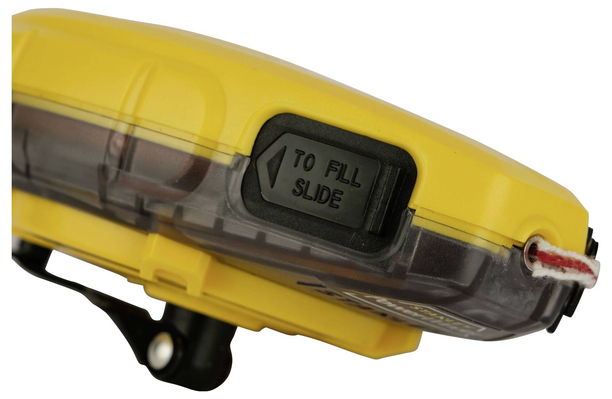 Yellow device with a black button labelled 'TO FILL SLIDE'. Transparent casing with a red thread on the side.