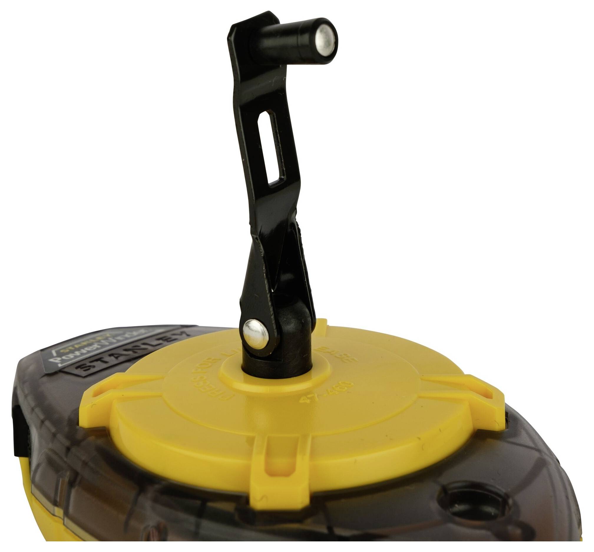 A yellow and black tape measure with a fold-out handle for rewinding.