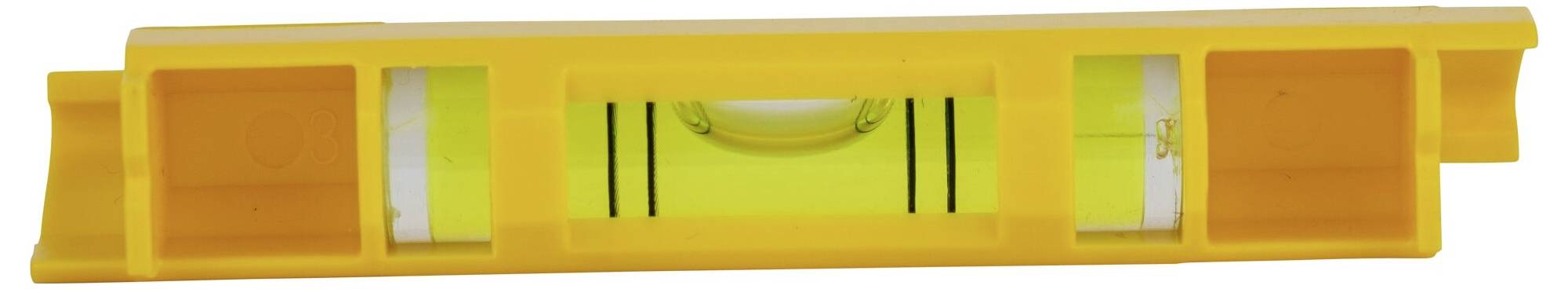 Yellow spirit level with a central bubble vial, which indicates whether a surface is level.