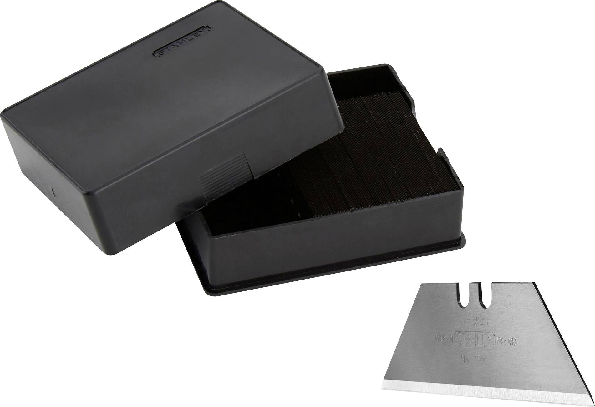 A black card holder with a removable lid, opened and partially filled with dark cards. A sharp blade lies beside it.