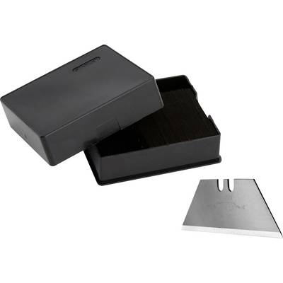 A black card holder with a removable lid, opened and partially filled with dark cards. A sharp blade lies beside it.