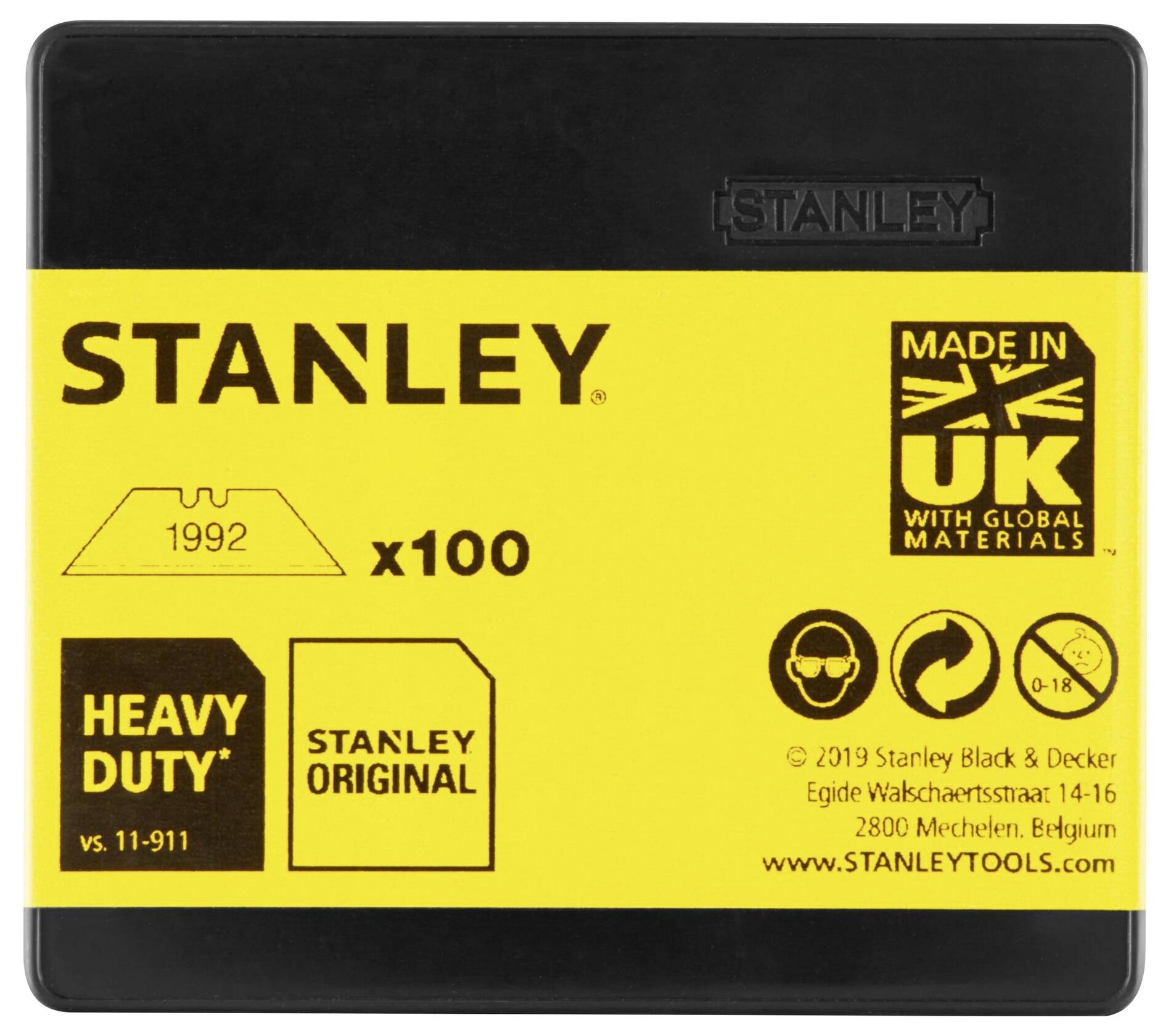 'Stanley blade box with 100 blades, Stanley brand, manufactured in Great Britain from global materials, heavy-duty version.'