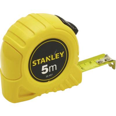 Yellow tape measure with 'Stanley 5m' printed on it, partially extended. Ideal for measuring longer distances.