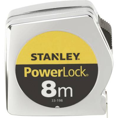 A silver tape measure with the inscription 'STANLEY PowerLock 8m', indicating a length of 8 metres.