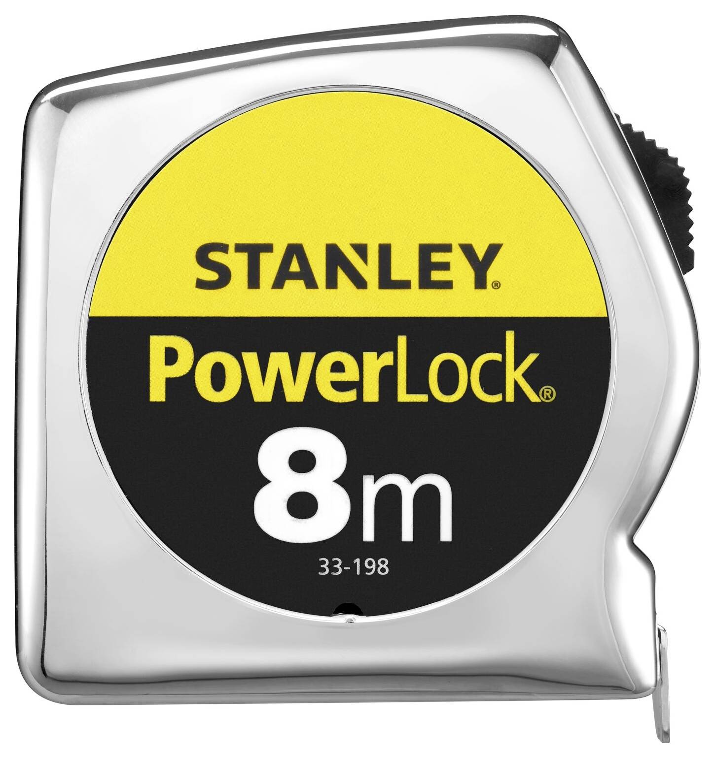 A silver tape measure by Stanley, model 'PowerLock', with a maximum length of 8 metres.