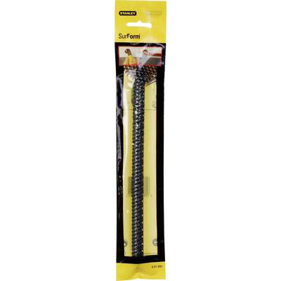 Packaging of a Stanley Surform replacement blade, black, oblong, against a yellow background, used for craft work.