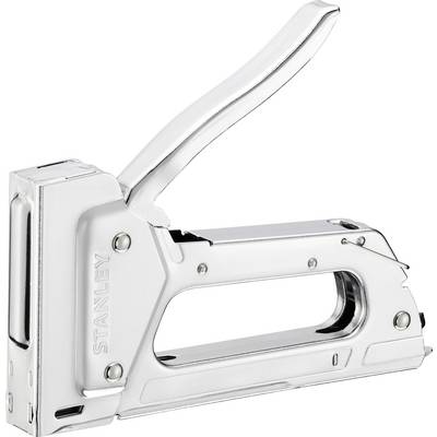 A metal staple gun with a lever handle, suitable for fastening materials. The stapler has a robust, silver design.