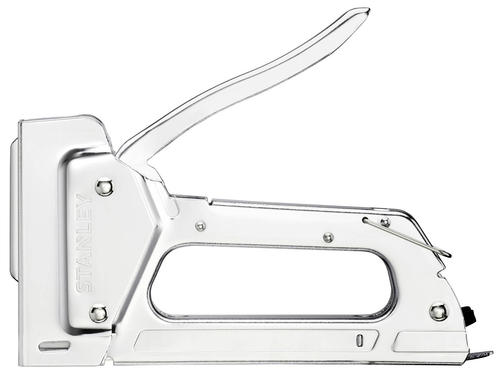 Silver stapler with an ergonomic handle, suitable for heavy-duty tasks in the office or at home, side view.