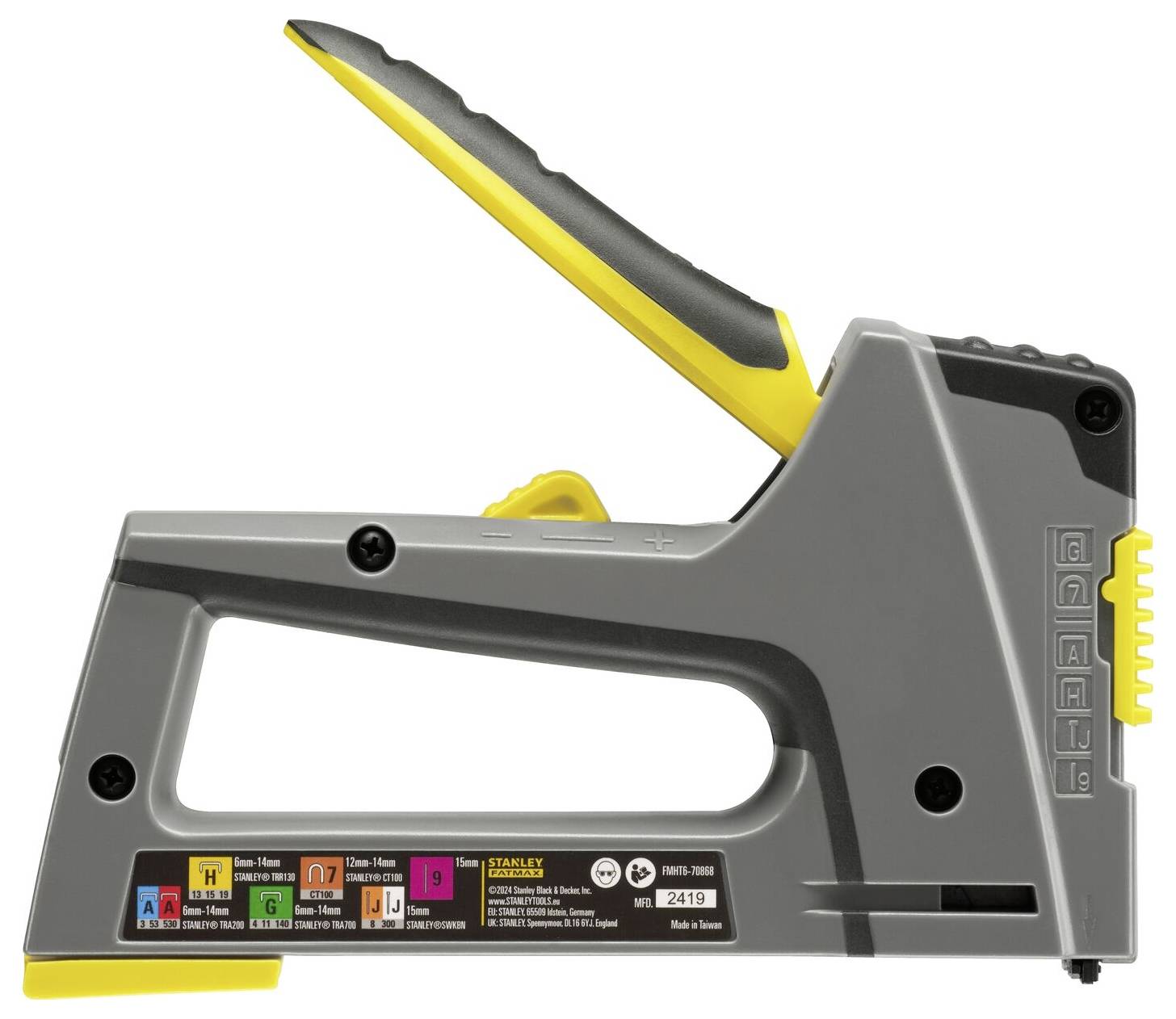 Metal staple gun with an ergonomic handle, in grey and yellow, used for securing materials.