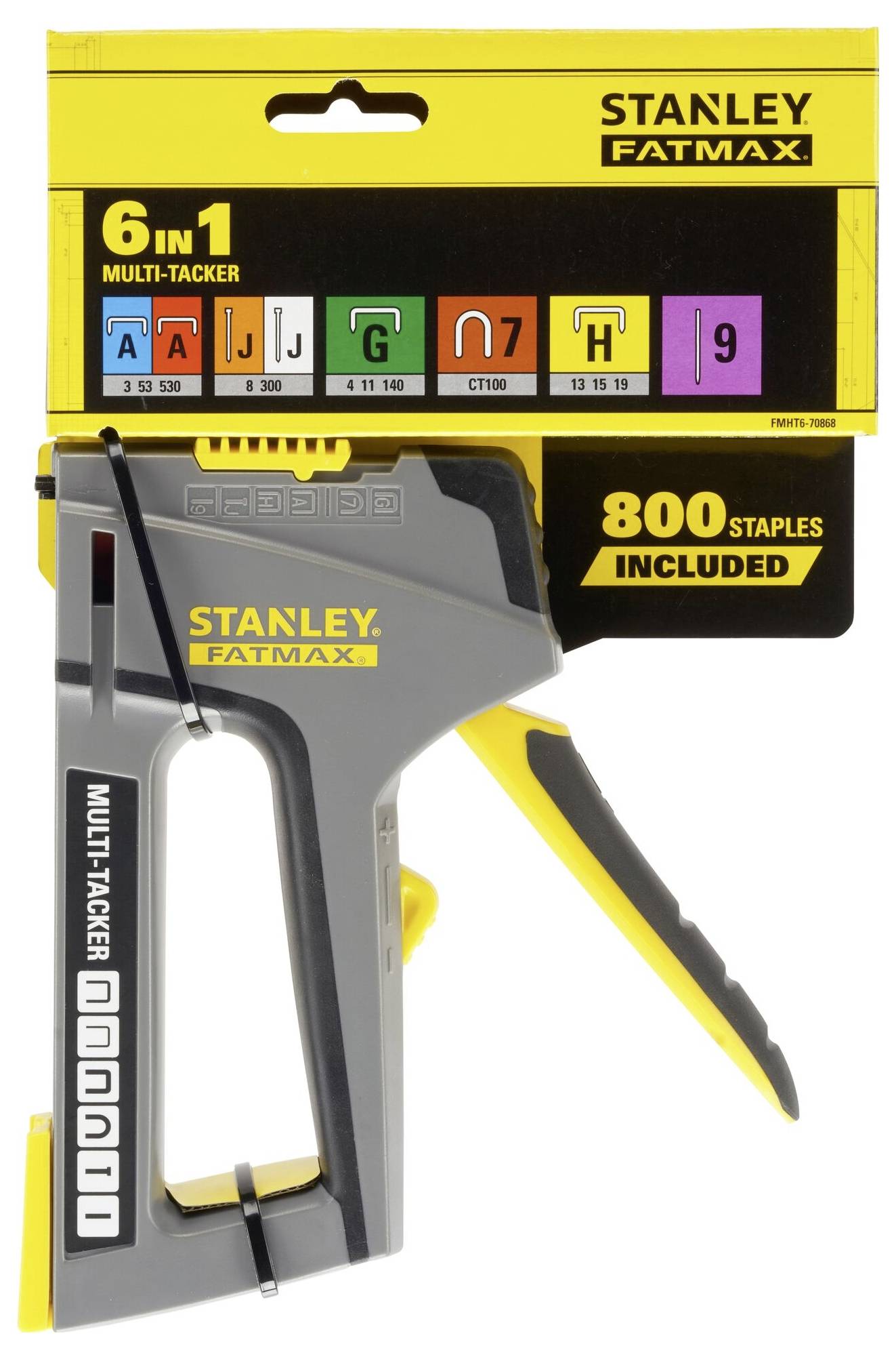 'Stanley Fatmax 6-in-1 Multi-Tacker' Heavy-Duty Staple Gun with 800 Staples, yellow-grey design, suitable for various staple sizes.