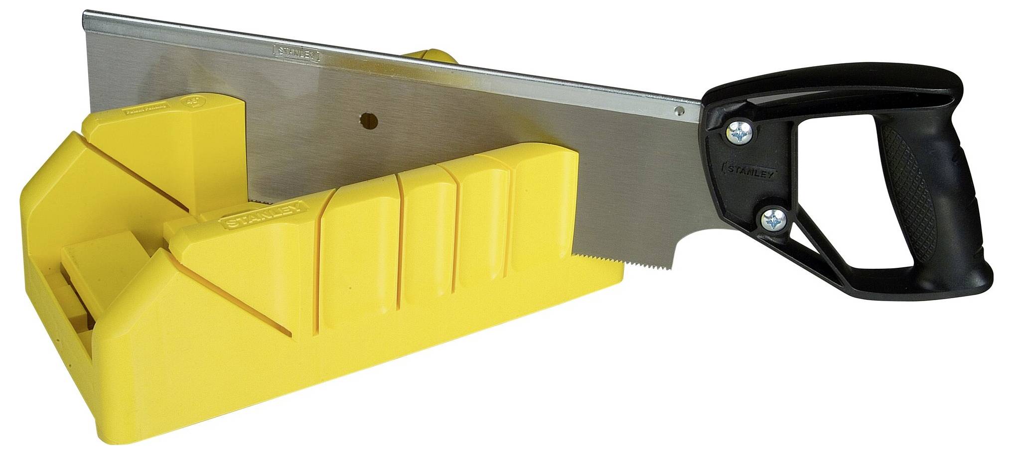 Yellow mitre box with handsaw. It is used to make precise angled cuts in wood or other materials.
