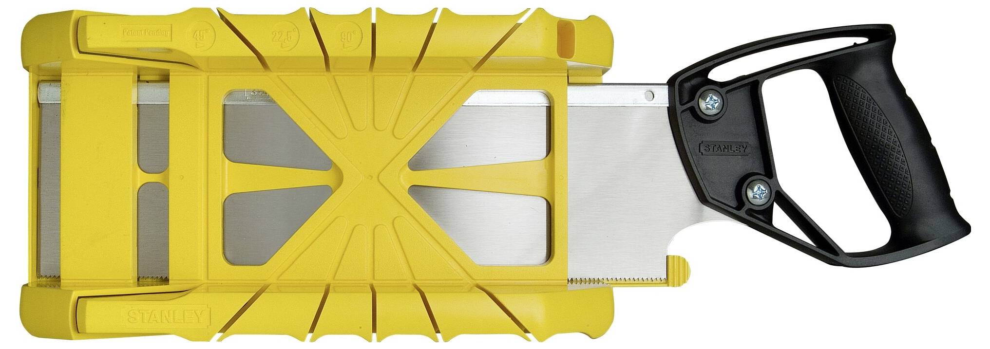 Yellow mitre box with inserted hand saw; handle in black, ideal for precise angled and straight cuts in wood.