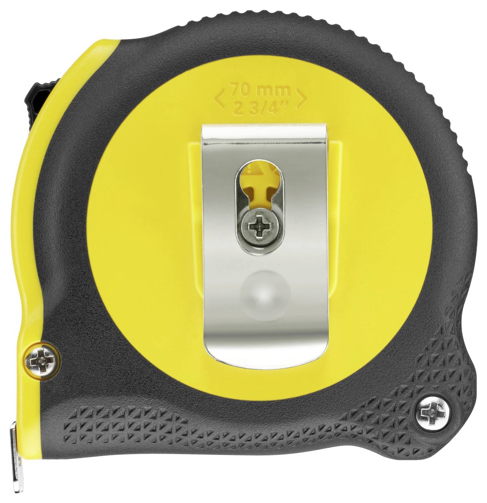 A yellow and black tape measure with a metal clip, 70 mm wide.