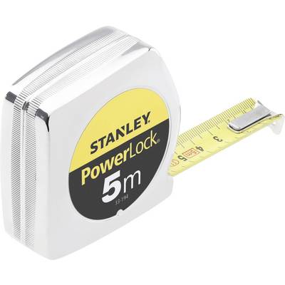 A tape measure in a silver case with a yellow label reading 'STANLEY PowerLock 5m'.