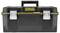 A black Stanley Fatmax tool box with a yellow logo and silver latches on the front.