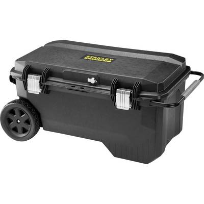 Black tool case on wheels with yellow 'STANLEY' logo, lockable lid and metal fasteners, suitable for mobile use.