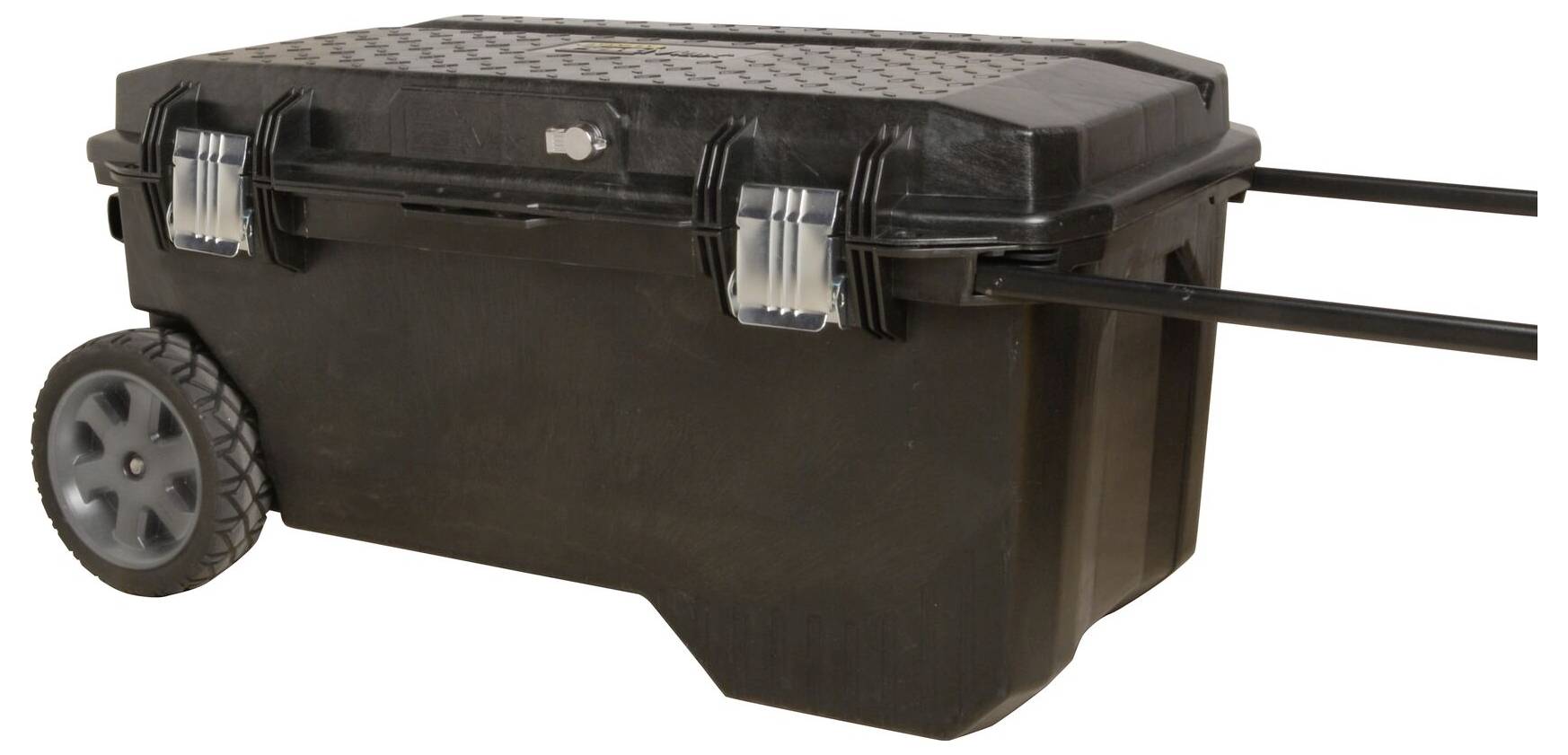 Large black rolling suitcase with lid, robust wheels and extendable handle, suitable for transporting heavy items.