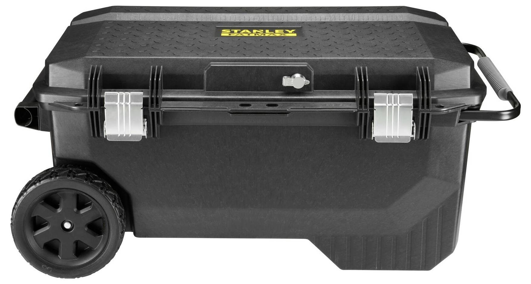 Large black tool chest with wheels and handle, yellow logo on top, two metal locks at the front. Suitable for mobile transportation of tools.