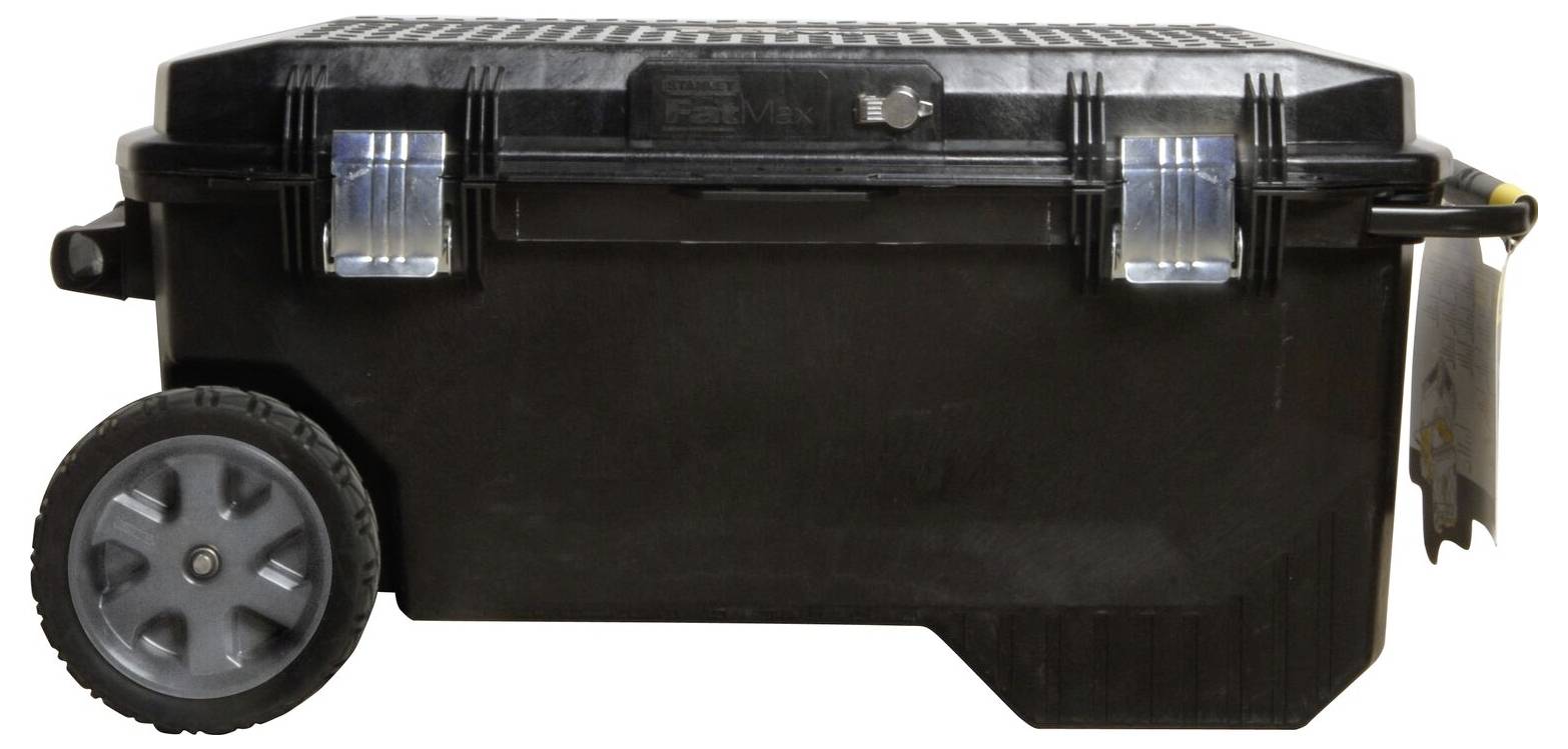 Black, robust tool case with two wheels and silver locks on the front. Ideal for transportation and storage.