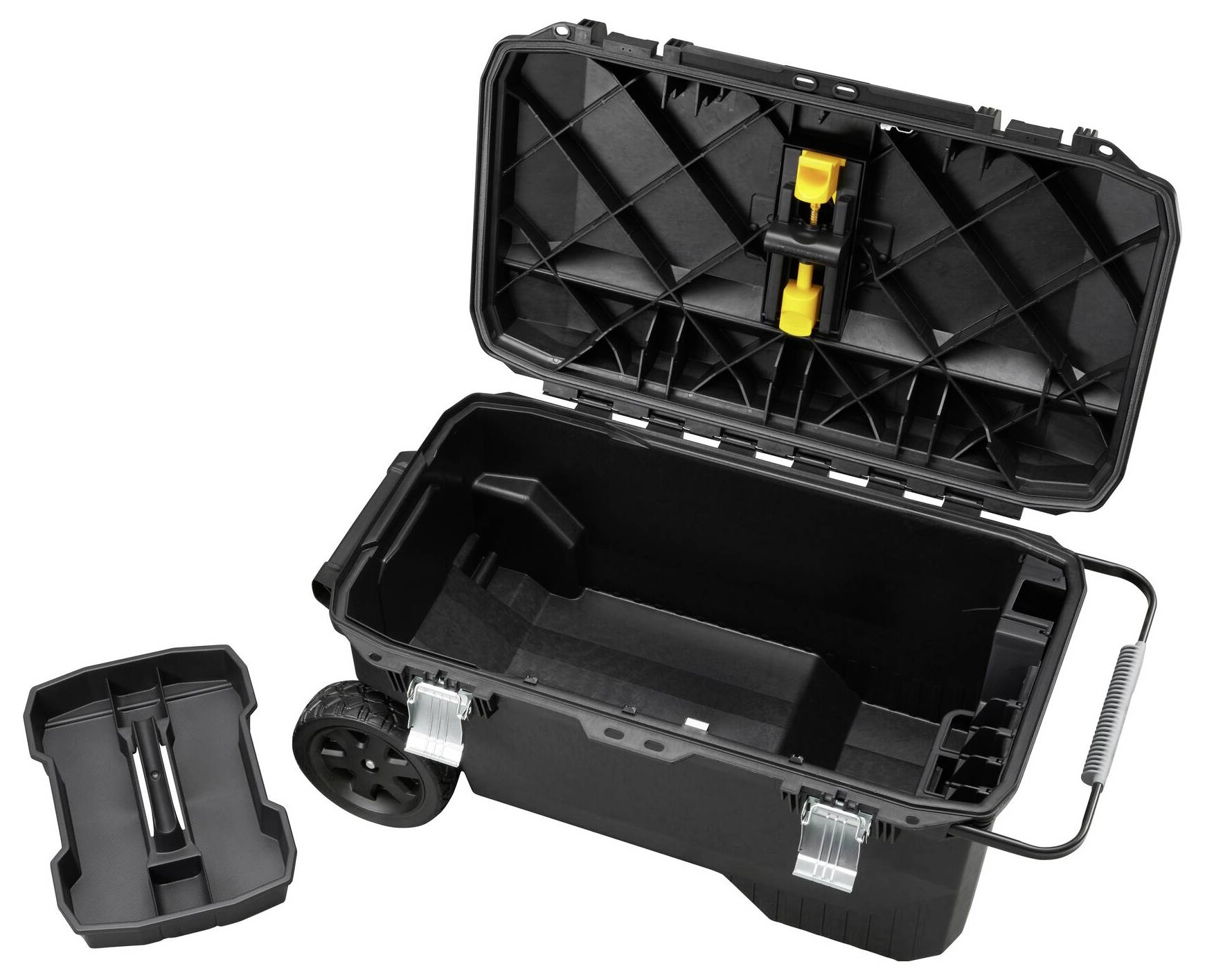 An opened, large black toolbox with two wheels and a removable lid insert. The main compartment is empty.