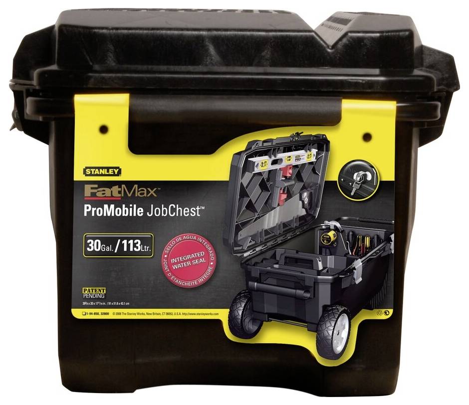 Stanley FatMax ProMobile JobChest, black tool chest with wheels, shown with open lid, displaying interior compartments.