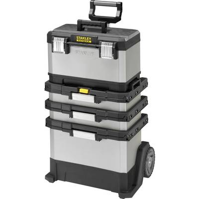 A mobile toolbox on wheels with multiple stackable compartments, featuring a handle on top and side clasps for secure fastening.