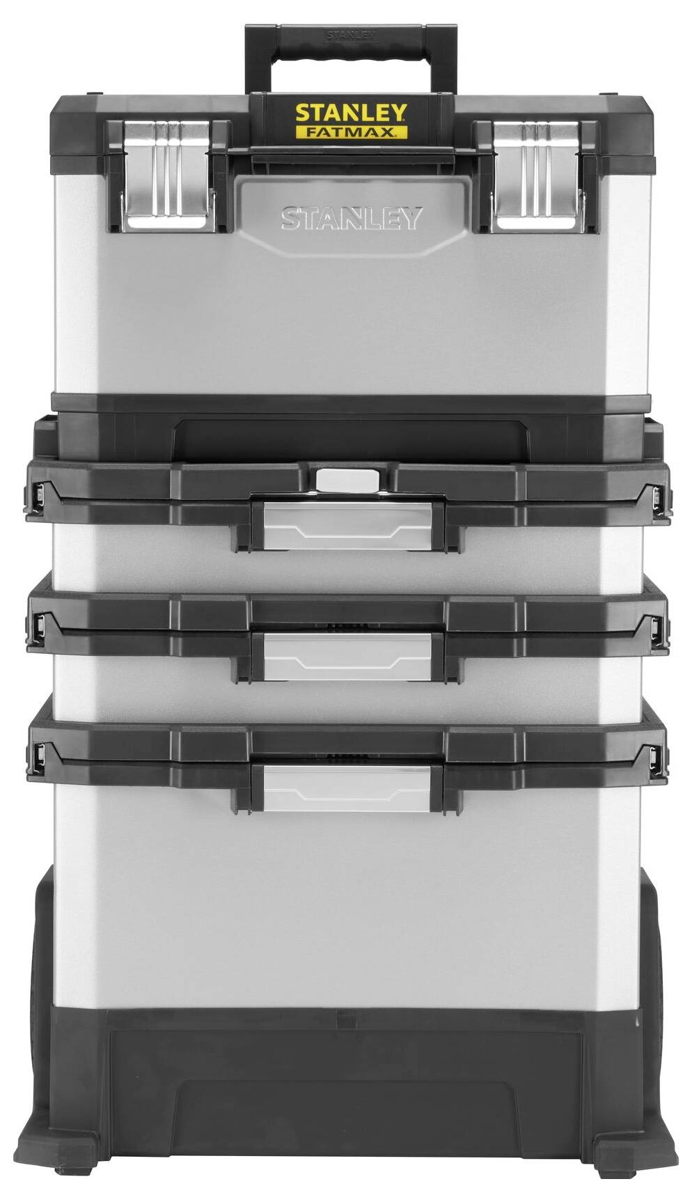 Tool chest tower with four stackable modules and black handles. At the top, the brand 'STANLEY' is visible in yellow lettering.