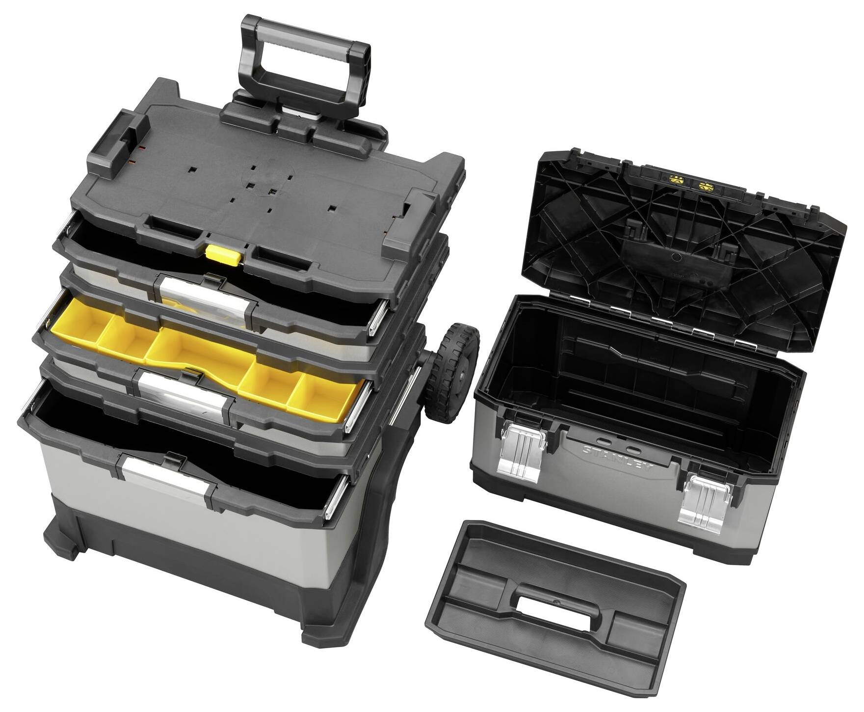 A stackable tool box with open compartments featuring yellow dividers. A further open box is positioned to the right.