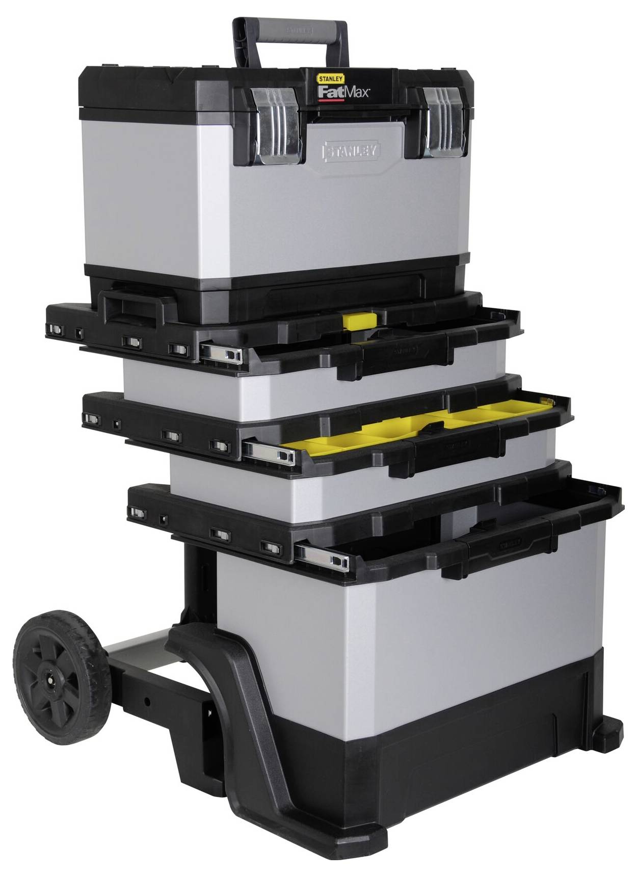 Three stackable tool boxes on a wheeled trolley. The boxes have silver casings and black frames, each with handles.