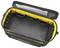 A black tool bag with yellow lining, opened and empty. It has multiple compartments and is labelled 'Stanley'.