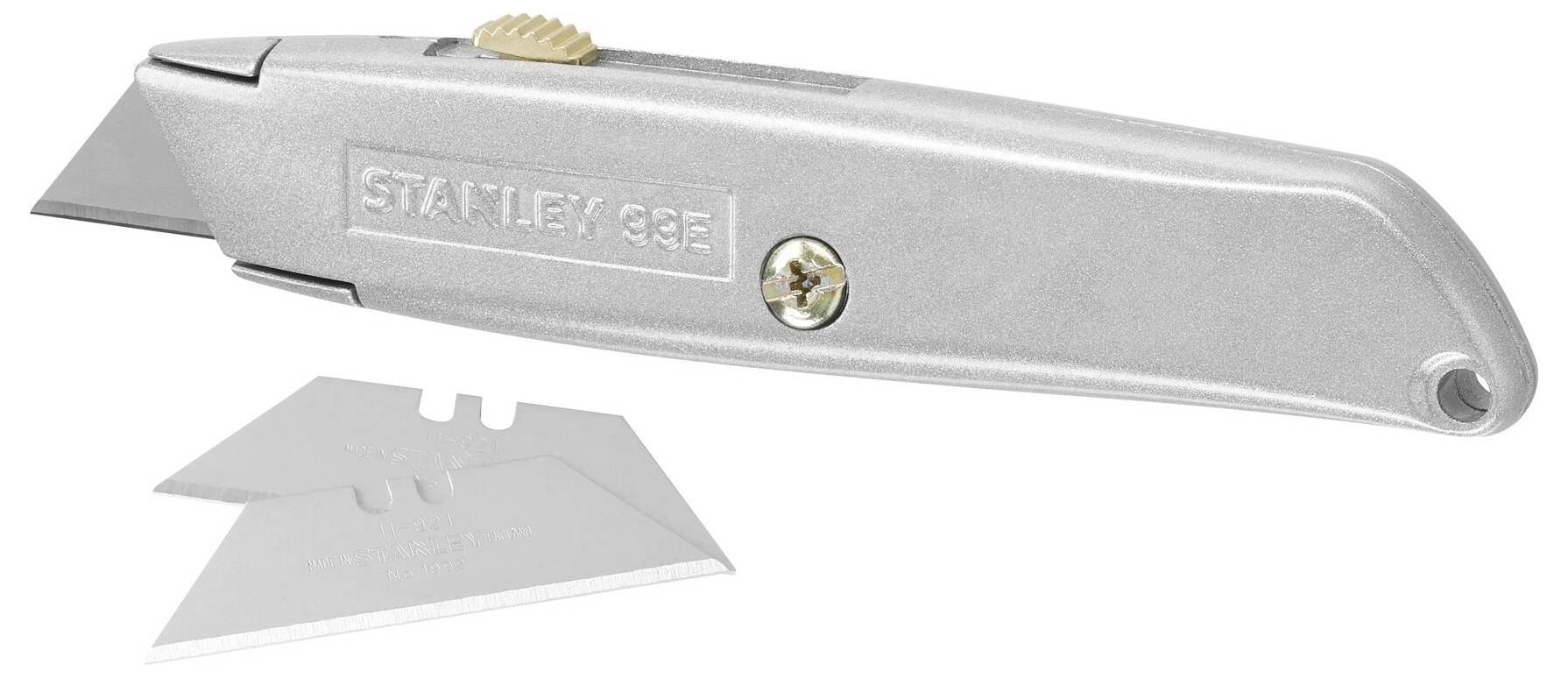 A silver multi-tool knife with a spare blade lying beside it, suitable for cutting tasks.