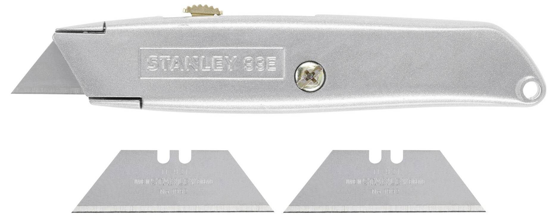 Metal multi-purpose knife with silver handle, extended blade and two spare blades underneath.