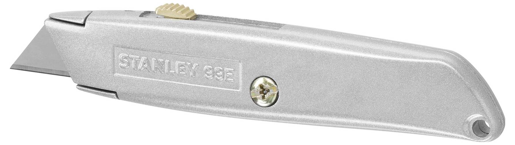 Metallic universal knife with an adjustable blade, ergonomic handle, and safety lock button, suitable for precise cutting tasks.