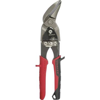 A robust metal scissors with red handles, suitable for cutting thick materials such as metal sheets.