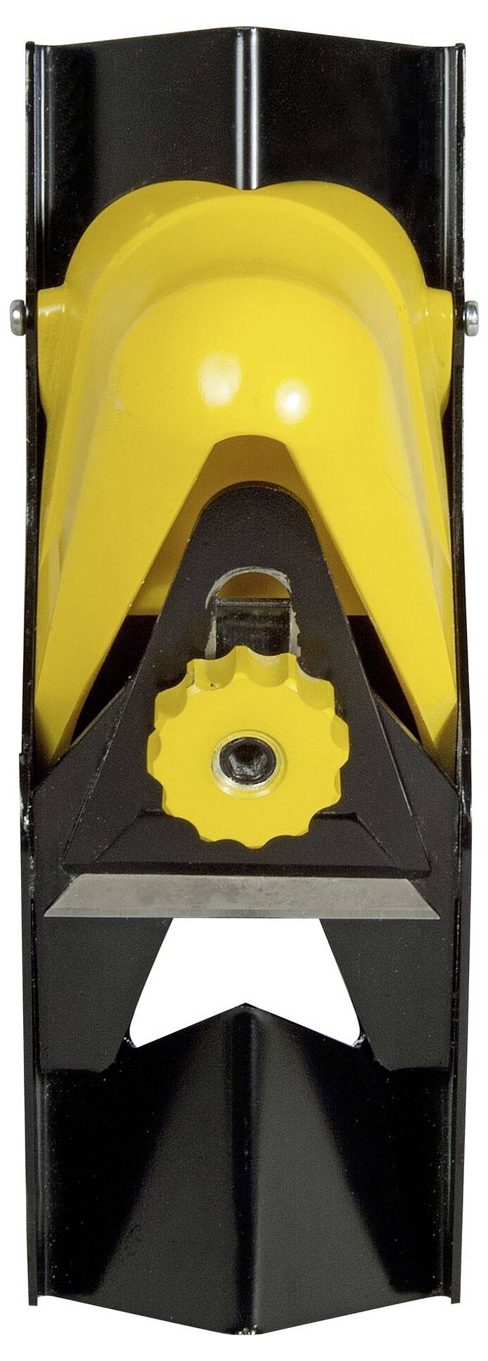 Hand plane with a yellow handle and adjustable metal mouth, pictured front-on, against a white background.
