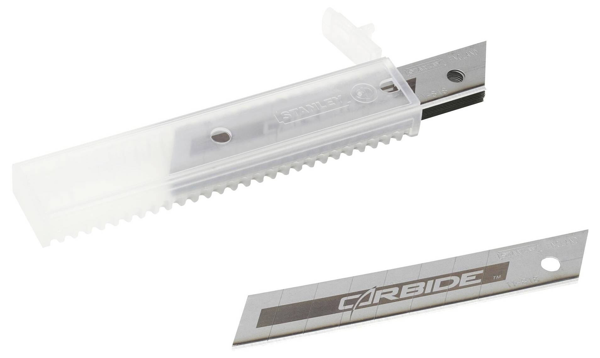 Carbide replacement blades, one in a clear plastic box, one individually. Rectangular shape with a sharp edge.