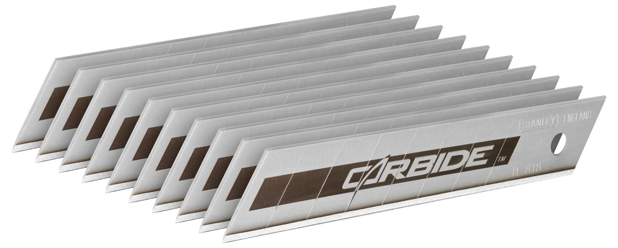 Ten trapezoidal arranged blades with 'CARBIDE' labelling. Cutter replacement blades, suitable for precise cutting.