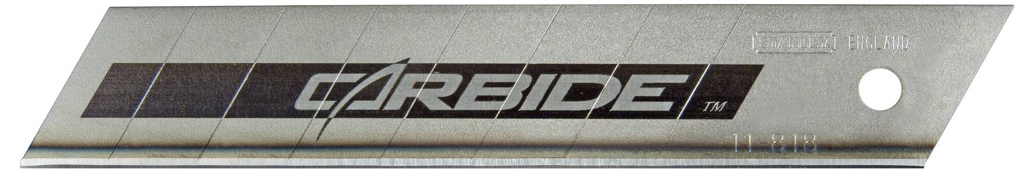 A metal blade segment with the inscription 'CARBIDE'. Contains markings for segmentation and a hole on the right side.