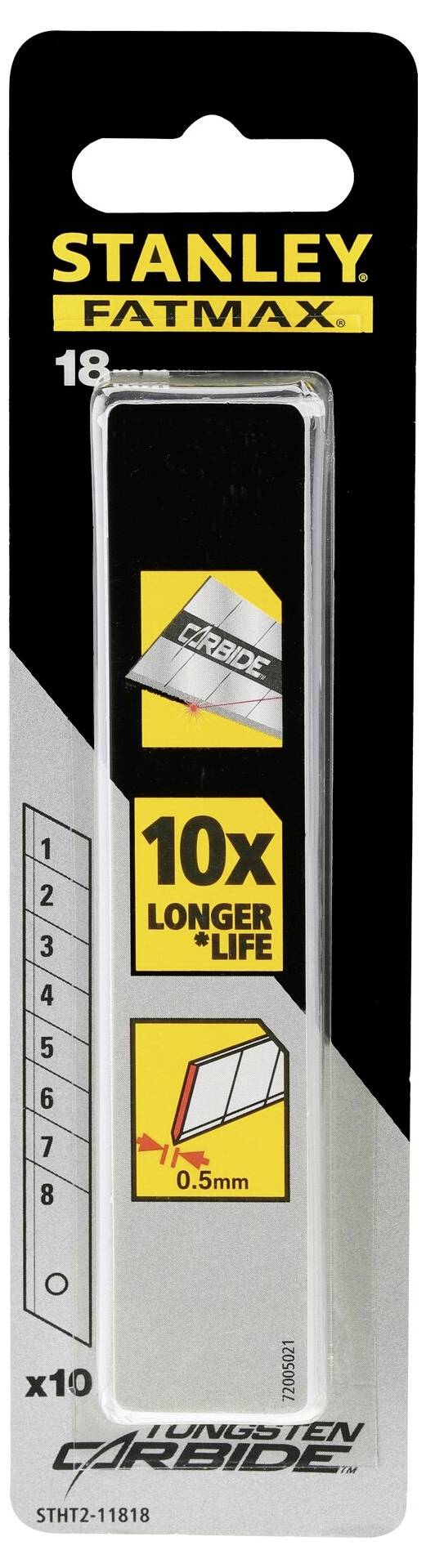 Packaging of Stanley Fatmax Replacement Blades for Cutters, 18 mm Width, Pack of 10. Note: '10x longer life'.