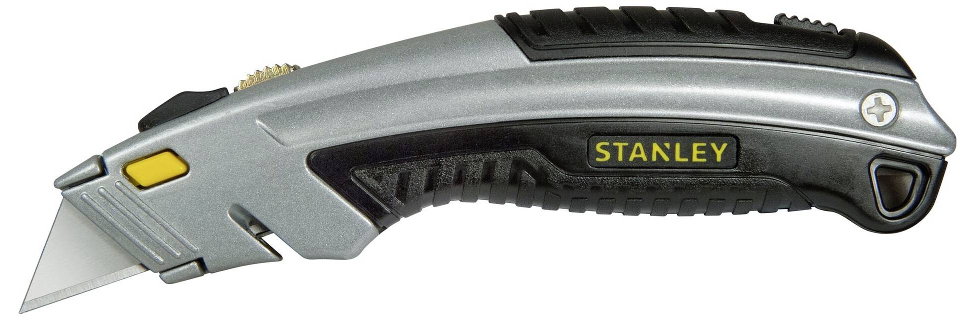 Pictured is a grey Stanley carpet knife with black and yellow accenting.