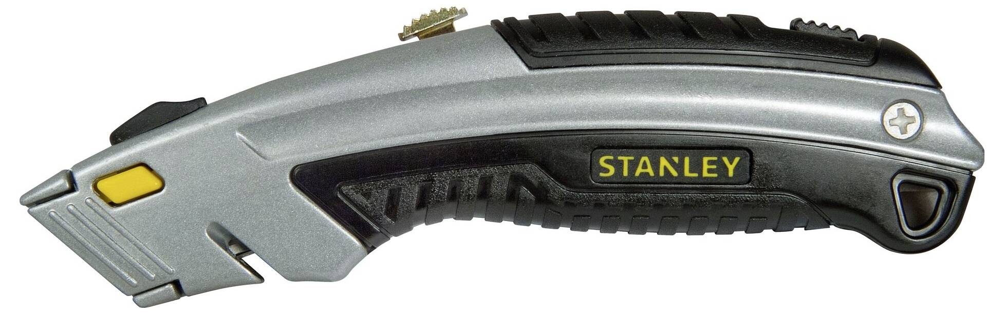 A silver, ergonomic Stanley utility knife with black grip details. It features a yellow safety lock and a single blade.