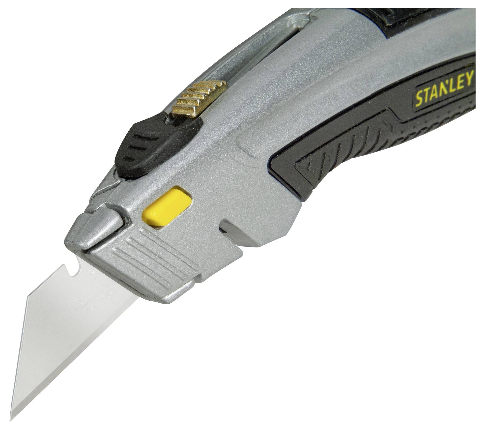 A silver Swiss Army knife with a black handle and an outstanding sharp blade, by the Stanley brand.